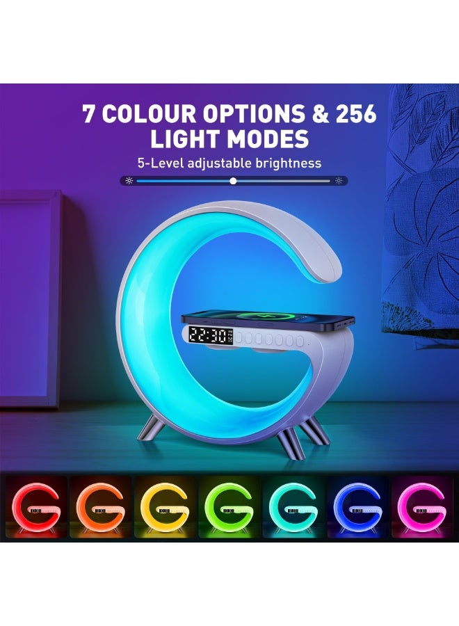 مصباح أجواء RGB على شكل حرف G متعدد الوظائف 4 في 1 مع شاحن لاسلكي سريع 15 واط - ساعة منبه ذكية مع إضاءة شروق الشمس - مكبر صوت بلوتوث محمول مع راديو FM - إضاءة ليلية قابلة للتعتيم يتم التحكم بها عبر تطبيق، مثالية لغرفة النوم والمنزل والمكتب - Image 3